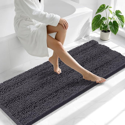 Smiry Thick Chenille Bathroom Runner Rugs 47x20, Soft Bath Mat, Dark Grey | Quick‑Dry & Machine Washable, Non‑Slip Bath Carpet, Striped Bath Rugs for Tub & Shower, Modern Home Decor Accessories