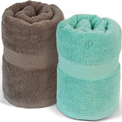 Cleanbear Bath Towels Set of 2, Ultra Soft Cotton Towels 55 by 27 Inches | Thick Shower Towels for Body Drying, 2 Colors (Light-Brown and Teal) for Bathroom, Guestroom, Spa, Beach