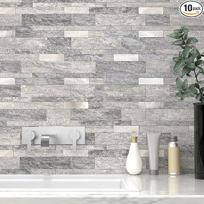 VAOVI Peel and Stick Tile Stone Backsplash for Kitchen Wall(10pcs,Gray)