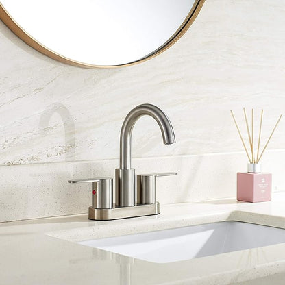 2 Handle Centerset Bathroom Sink Faucet Brushed Nickel with Drain Assembly, High Arc Modern 4 Inch Bathroom Vanity Lavatory Faucet 3 Holes with Brass 360° Swivel Spout, TAF067E-BN