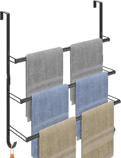 Livabber 3-Tier Over The Door Towel Rack, All Metal Towel Rack with Hooks for Door Hanging, Behind Door Towel Bar Towel Storage Holder for Bathroom Accessories, Black (22.8" L x 5.9" W x 24.4" H)