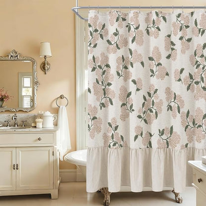 ORTIGIA Linen Textured Ruffle Shower Curtain with Metal Hooks, Vintage Light Pink Hydrangea Floral Boho Waterproof Bath Curtain for Rustic Farmhouse Bathroom Decor 72x72 Inch