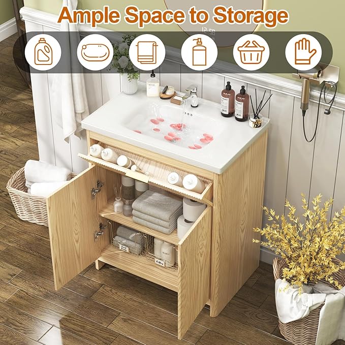 32" Modern Bathroom Vanity with Ceramic Sink, 2 Doors & 1 Drawer, Wooden Storage Cabinet, Actual 31.5" L x 18.5" W x 35.4" H