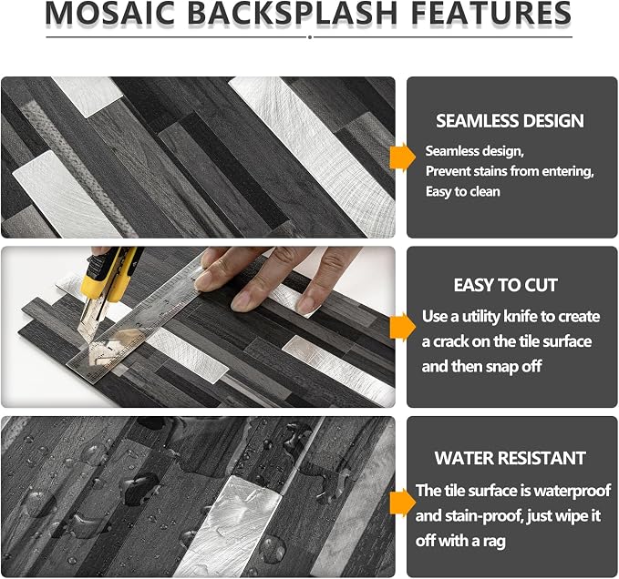STICKGOO 20 Sheets Peel and Stick Backsplash Tile, Stick on Backsplash for Kitchen and Bathroom, Black Grey Wood Look PVC Mixed Metal Silver Self Adhesive Wall Tiles