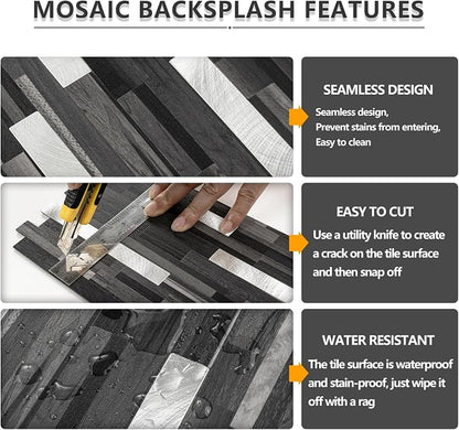 STICKGOO 20 Sheets Peel and Stick Backsplash Tile, Stick on Backsplash for Kitchen and Bathroom, Black Grey Wood Look PVC Mixed Metal Silver Self Adhesive Wall Tiles