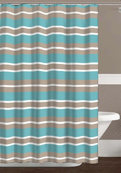 Serafina Home Striped Fabric Shower Curtain, Aqua Brown White Coastal Design, 70 x 72 Inches, with Hooks