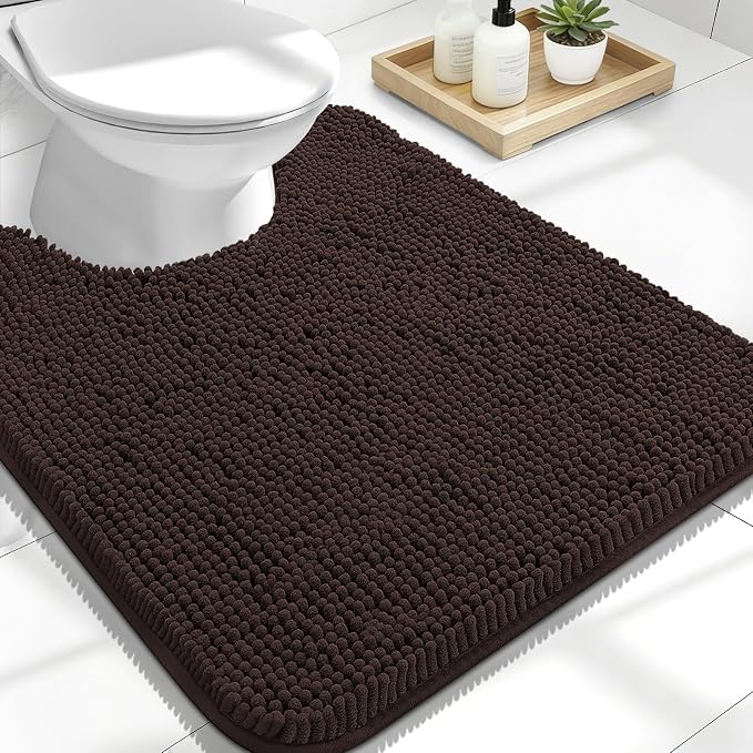 OLANLY Toilet Rugs U-Shaped 24x20, Soft Absorbent Chenille Contour Rugs | Brown, Quick-Drying Rubber Backing, Machine Washable Non-Slip Shaggy Bathroom Mat for Toilet, Home Decor Accessories