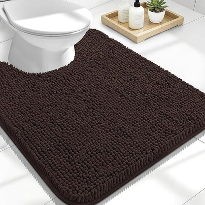 OLANLY Toilet Rugs U-Shaped 24x20, Soft Absorbent Chenille Contour Rugs | Brown, Quick-Drying Rubber Backing, Machine Washable Non-Slip Shaggy Bathroom Mat for Toilet, Home Decor Accessories