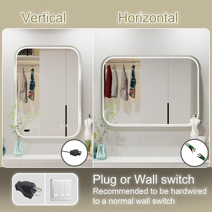 20"x28" Silver LED Bathroom Mirror with 3000K/4500K/6000K Lights | Stepless Dimmable,Anti-Fog,Memory Function,Aluminum Frame Wall Mount Lighted Bathroom Vanity Mirror,ETL Cert‌,IP54 Waterproof