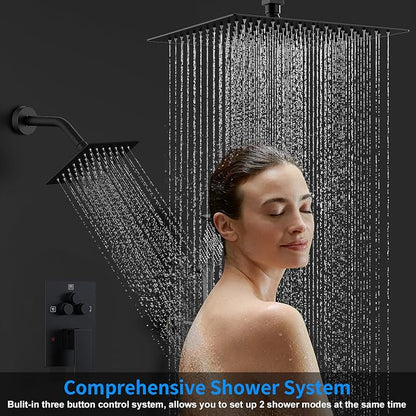 Shower Faucet Set, 12" Ceiling Mount Rainfall Shower System with 12'' Top Head+6'' Side Head and Multi-function Handheld Head Push Button Diverter Shower Faucet Trim Kit (12", Matte Black)