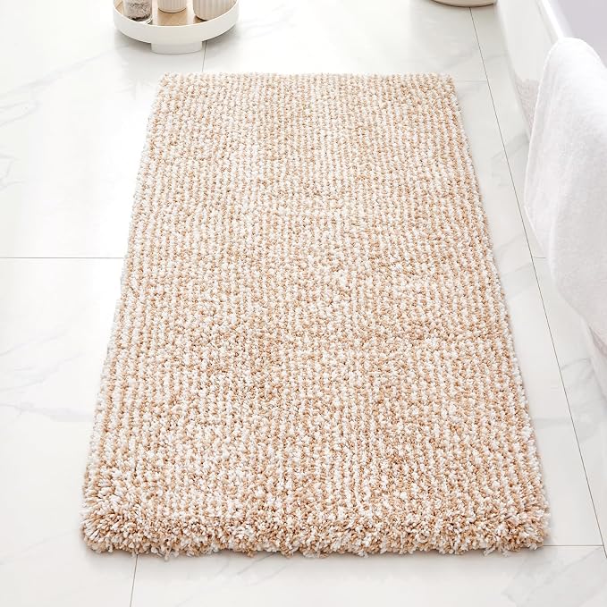 ILANGO Beige and White Bathroom Rugs 70" × 24" Non Slip & Super Absorbent Thick Soft, Washable Bath Carpet Runner for Floor, Microfiber Plush Shaggy Bath Mats for Bedroom Bathtub Shower Room