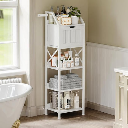 Homeiju Bathroom Floor Cabinet, 5-Tier Bathroom Storage Organizer Rack with Drawer, Multifunctional Corner Unit, 47.24 Inches in Height, White