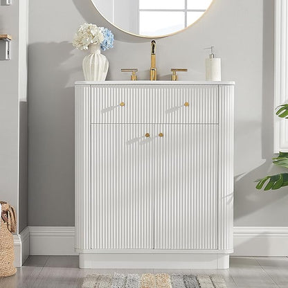 T4TREAM 30 Inch Bathroom Vanity with Sink, Modern Fluted Single Bathroom Vanity with Sink with Storage Cabinet, Adjustable Shelf, Solid White