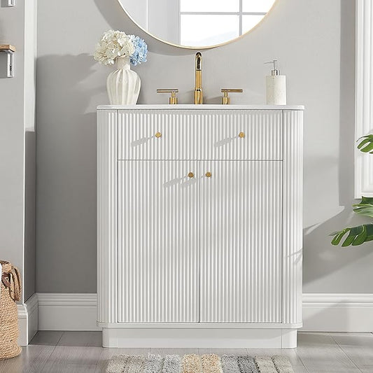 T4TREAM 30 Inch Bathroom Vanity with Sink, Modern Fluted Single Bathroom Vanity with Sink with Storage Cabinet, Adjustable Shelf, Solid White