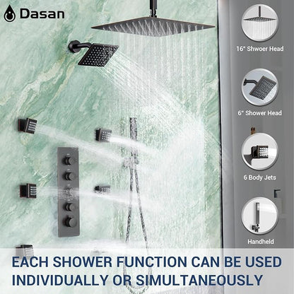 Dasan Thermostatic Dual Shower Head System with 6 Body Jets, 6-Inch Shower & 16” Rainfall Shower, Luxury Oil Rubbed Bronze Shower Faucet Set Tandem Rain Shower Head System for Couples/2-Person