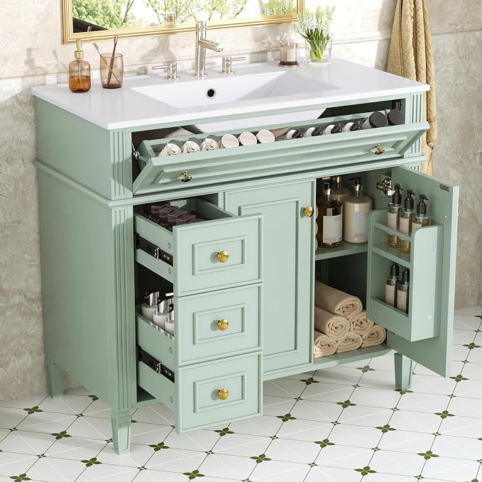 36" Bathroom Vanity Cabinet with Ceramic Countertop Sink Combo Set, Solid Wood Frame, Tilt-Out Drawers and Left Side Drawers, Soft Closing Door Hinges, Modern Style, Green