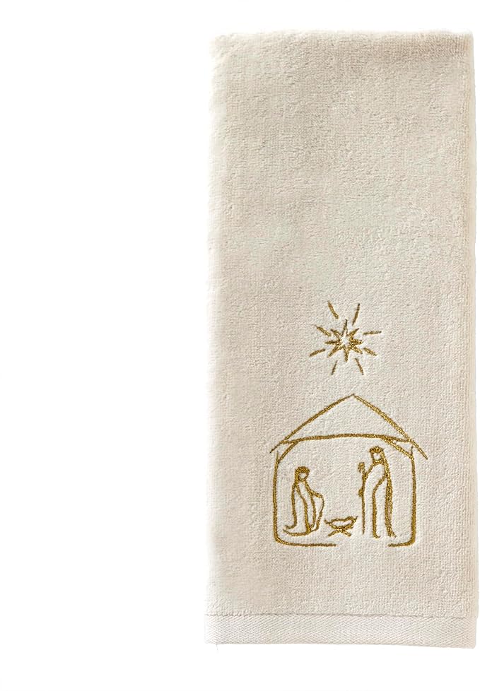 SKL Home Religious/Christmas Nativity Hand Towel Set-2pc, Natural | 100% Cotton. Soft, embroidered velour. Great for the bathroom, kitchen or bar & holiday gifting.