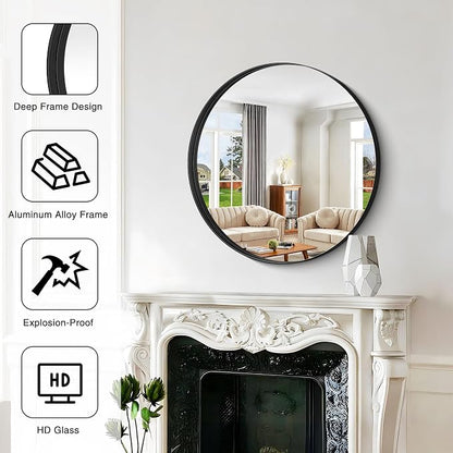 Black Round Mirror 28 inch Deep Frame Circle Mirror, Metal Framed Bathroom Mirror, Round Vanity Mirror, Circle Mirrors for Wall Entryway Bedroom Living Room Hallway