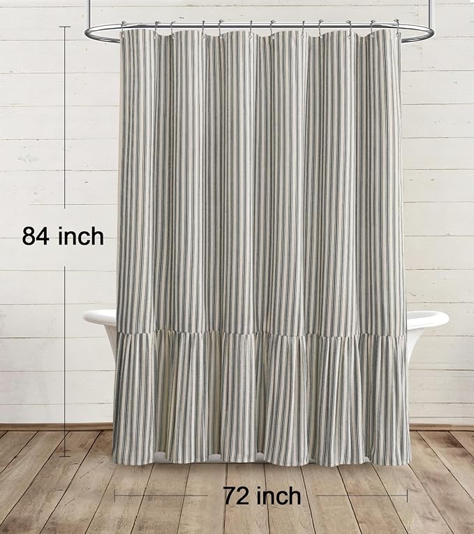 Farmhouse Shower Curtain Ruffle Linen Cream-Black Stripe 72"W x 84"L | Farmhouse Boho, Striped, Bottom Ruffle, Linen Fabric, Rustic, Country, Natural Look, Washable, for Bathroom Bathtub