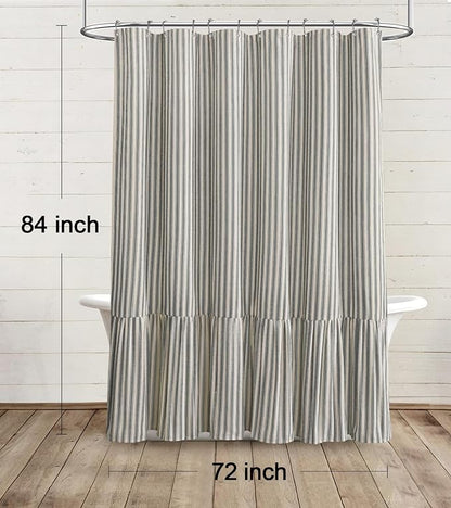 Farmhouse Shower Curtain Ruffle Linen Cream-Black Stripe 72"W x 84"L | Farmhouse Boho, Striped, Bottom Ruffle, Linen Fabric, Rustic, Country, Natural Look, Washable, for Bathroom Bathtub