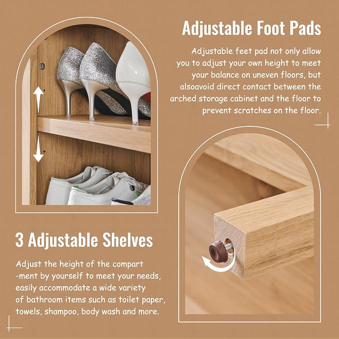 IFBUY 71" Tall Arched Bathroom Storage Cabinet, 8-Tier Modern Farmhouse Storage Cabinet with Adjustable Shelves, Wood Freestanding Cabinet for Bathroom, Living Room, Entryway, Hallway (Natural)