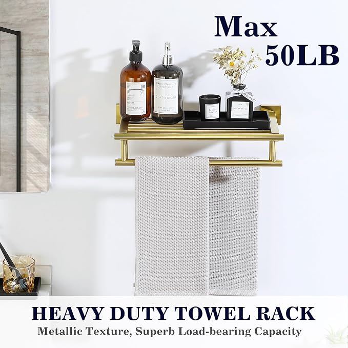 Alise Double Towel Rack for Bathroom Wall Mounted 16 Inch,Gold | Bathroom Tower Holder Towel Shelf with Double Towel Bars,SUS304 Stainless Steel Towel Rack with Shelf for Lavatory Kitchen