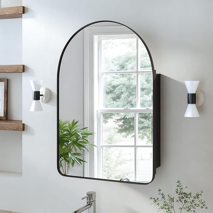 Casaphoria 24" H x 16" W Arched Wall Medicine Cabinets Mirrors, Bathroom Medicine Cabinet with Mirror, Metal Frame Wall Mirror Cabinet, Black G