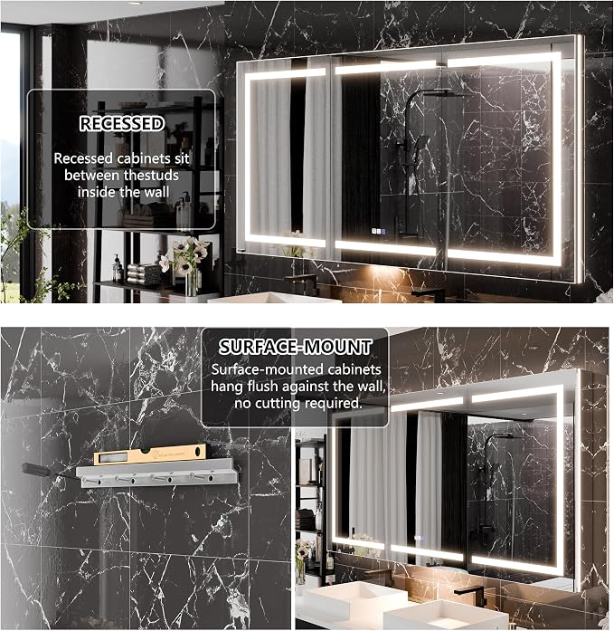 60"x36" Smart LED Medicine Cabinet with Mirror - Triple Door Bathroom Storage, Anti-Fog Technology, 3-Color Stepless Dimming, 5X Magnifier, Night Light, Soft-Close Hinges