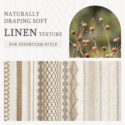 Natural Linen Boho Shower Curtain,72" W x 90" L | Linen Striped Print and Twine-Inspired Woven Center for Bathroom