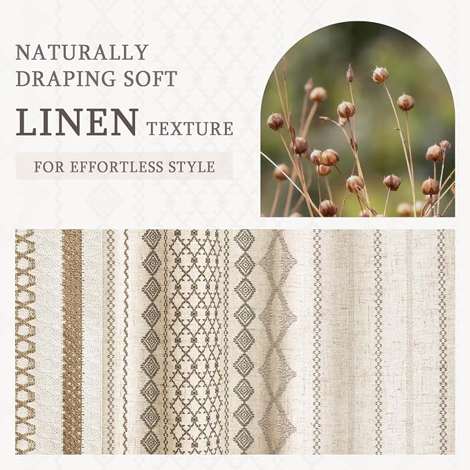 Natural Linen Boho Shower Curtain,72" W x 84" L | Linen Striped Print and Twine-Inspired Woven Center for Bathroom