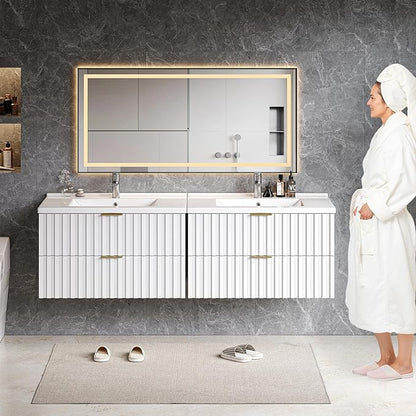ONBRILL 30 Inch Bathroom Vanity with Sink Combo, Floating Bathroom Vanity with 2 Fluted Drawers & Metal Handle, Modern Wall Mount Storage Cabinet with Ceramic Integrated Sink for Small Space (White)