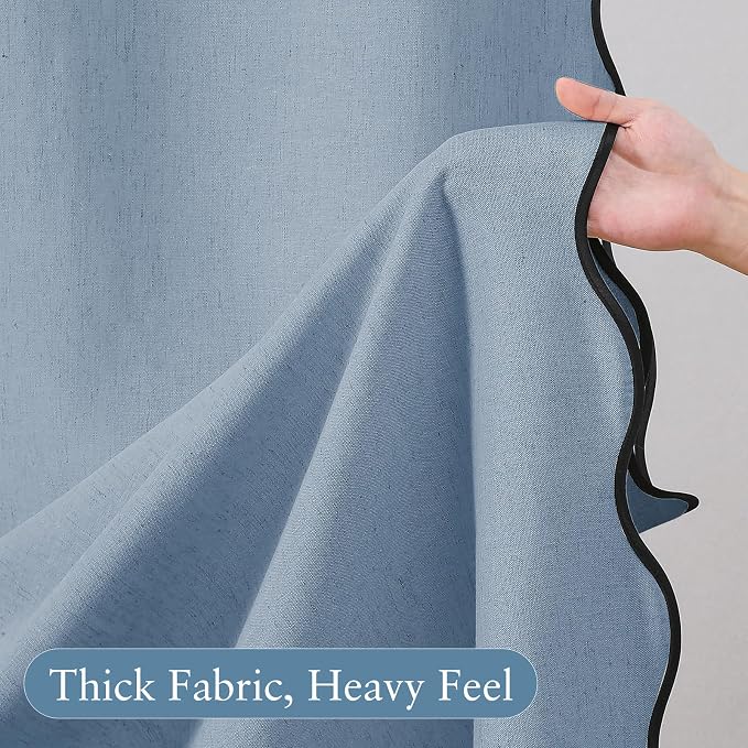 Linen Scallop Shower Curtain with 12 Hooks, Waterproof, 72x72, Fog Blue | Waterproof Heavy Duty Thick Fabric with Black Border, Minimalist Neutral Boho Farmhouse Bathroom Décor