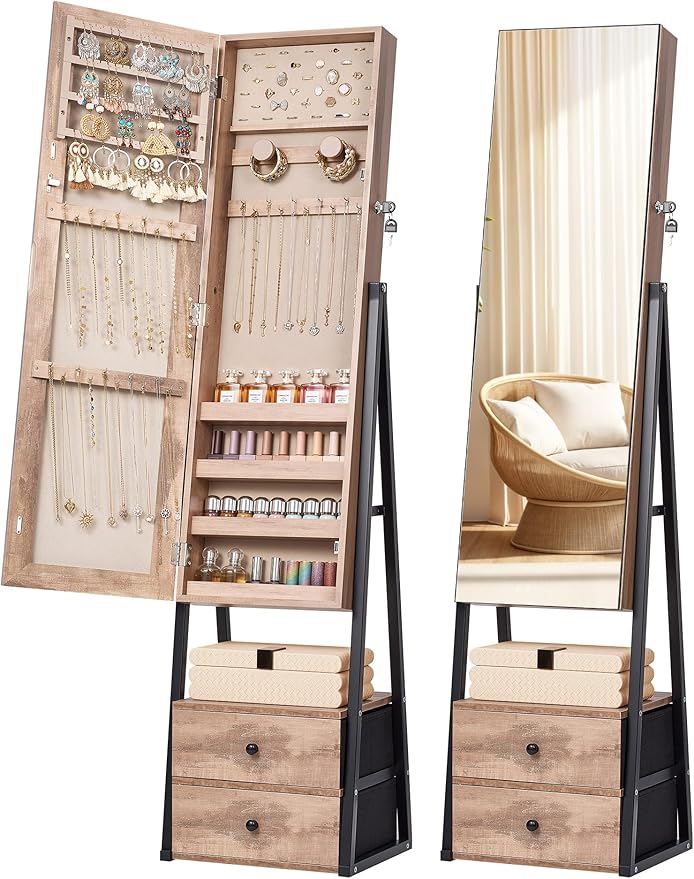 Nicetree Jewelry Cabinet Armoire, 2 Drawers, Full Length Mirror, Oak | Standing Mirror Jewelry Cabinet, Lockable Jewelry Armoire with Mirror, Adjustable Angles, Easy Assembly, Gift Idea, HD Glass