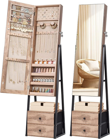 Nicetree Jewelry Cabinet Armoire, 2 Drawers, Full Length Mirror, Oak | Standing Mirror Jewelry Cabinet, Lockable Jewelry Armoire with Mirror, Adjustable Angles, Easy Assembly, Gift Idea, HD Glass