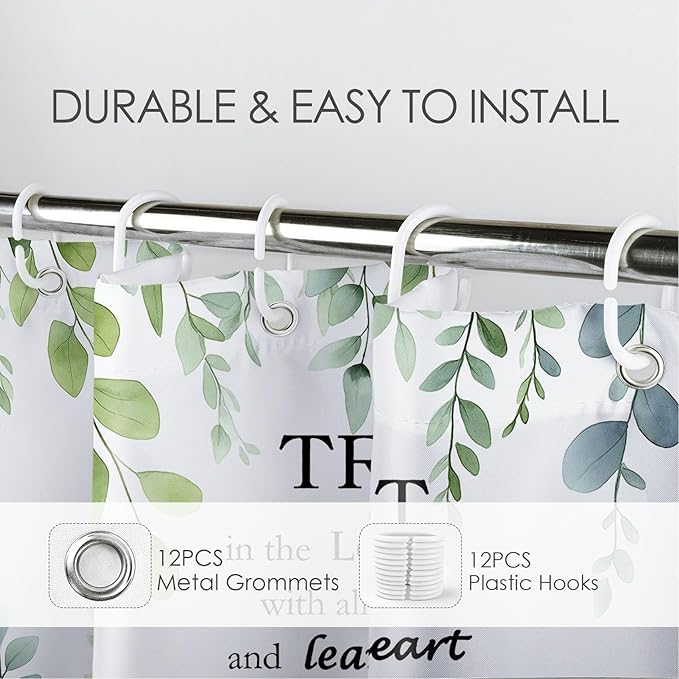 HVEST Sage Green Eucalyptus Shower Curtain with Hooks, Green Leaf and Bible Verse Inspirational Quotes on White Shower Curtain for Bathroom Nature Botanical Bathroom Decor Accessories,72L X 72W inches