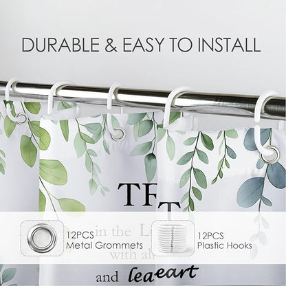 HVEST Sage Green Eucalyptus Shower Curtain with Hooks, Green Leaf and Bible Verse Inspirational Quotes on White Shower Curtain for Bathroom Nature Botanical Bathroom Decor Accessories,72L X 72W inches