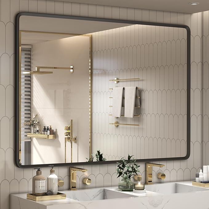 55x40 Inch Black Matte Framed Mirror for Bathroom | Rounded Rectangle Mirror, Bathroom Vanity Mirror for Wall, Anti-Rust, Shatterproof (Horizontal/Vertical)