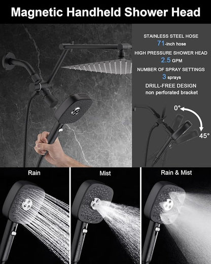 10" Rainfall Shower Head with Handheld Combo, High Pressure Dual Showerhead with Square Rain& Magnetic Hand Sprayer, 15" Adjustable Metal Extension Arm (Matte Black)