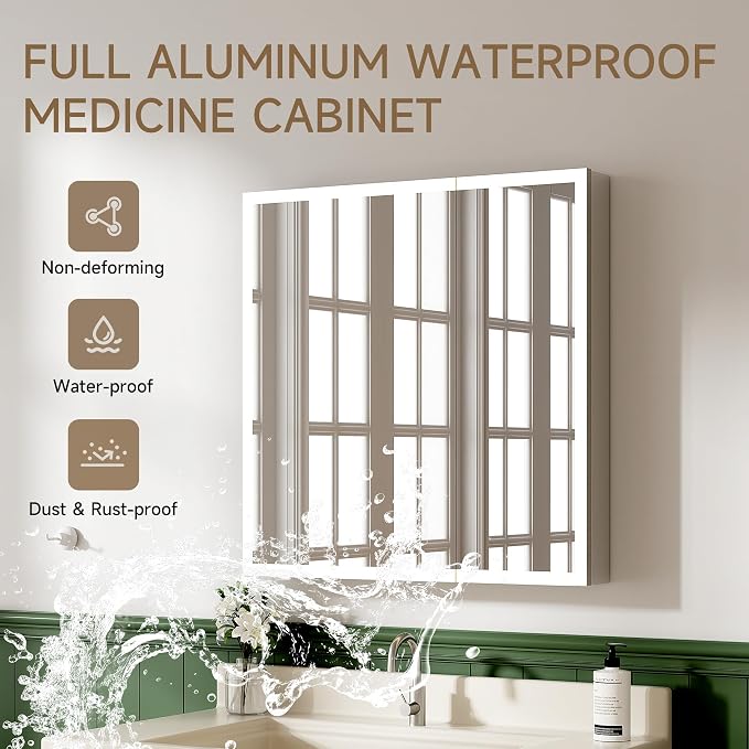 LED Lighted Medicine Cabinet with Mirror, 30x32 Inches, Recessed or Wall Mounted, Anti-Fog, 3 Color Temperature, Adjustable Brightness, Bathroom Storage Cabinet