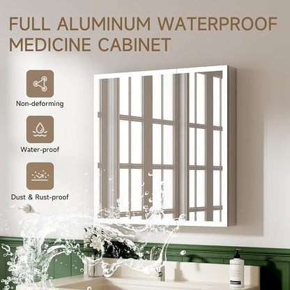 LED Lighted Medicine Cabinet with Mirror, 30x32 Inches, Recessed or Wall Mounted, Anti-Fog, 3 Color Temperature, Adjustable Brightness, Bathroom Storage Cabinet