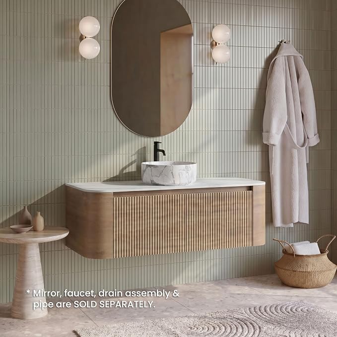 48" Preassembled Floating Bathroom Vanity with Carrara Finish Sink, Oak | Mid-Century Modern Style, Fluted & Soft-Close Drawer with U-shaped Wall, Sinterted Stone Countertop, Towel Rack Included