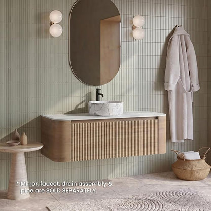 48" Preassembled Floating Bathroom Vanity with Carrara Finish Sink, Oak | Mid-Century Modern Style, Fluted & Soft-Close Drawer with U-shaped Wall, Sinterted Stone Countertop, Towel Rack Included