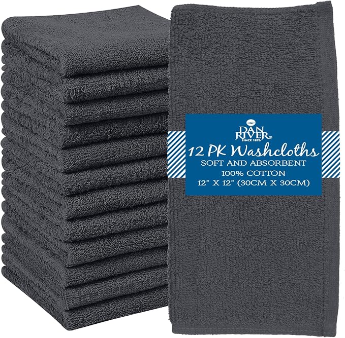 DAN RIVER 12 Pack Cotton Wash Cloths Set for Showering [12x12] Charcoal | Lighter Weight, Quick to Dry, Super Soft & Absorbent Face Towels, Hotel Quality, Perfect for Bathroom, Gym, Spa