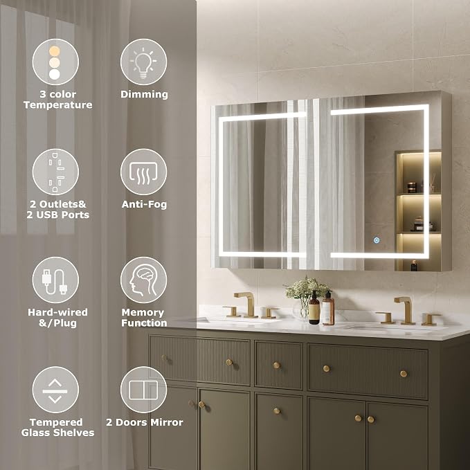 DeerValley Led Lighted Medicine Cabinet with Mirror, 48" W x 32" H | Mirrored Medicine Cabinet with Lights for Bathroom with Defogger & Dimmable 3-Color, DV-1VM0186