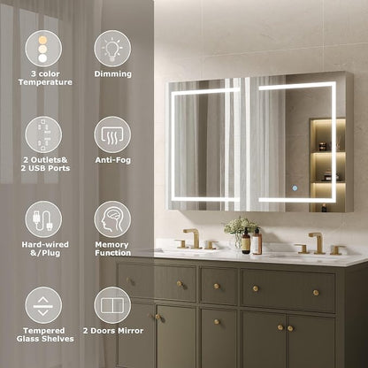 DeerValley Led Lighted Medicine Cabinet with Mirror, 48" W x 32" H | Mirrored Medicine Cabinet with Lights for Bathroom with Defogger & Dimmable 3-Color, DV-1VM0186