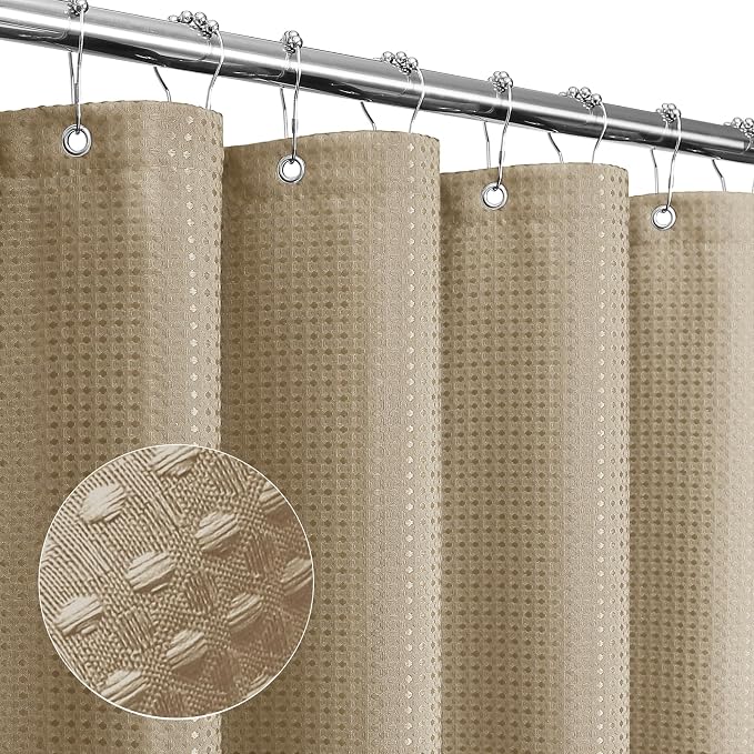 Extra Long Beige Fabric Shower Curtain, 72 x 84 | Tall Cloth-Textured Shower Curtain for Bathroom, Water Repellent, Machine Washable
