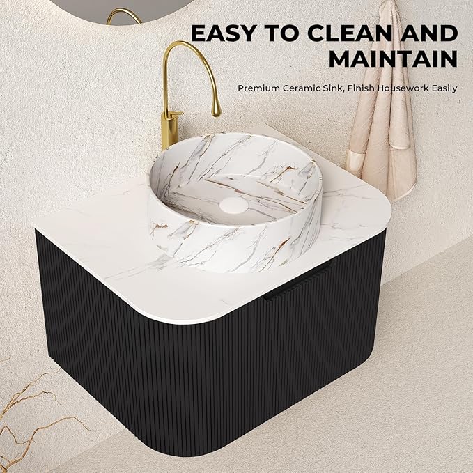 LKTART 24 Inch Floating Bathroom Vanity with Sink, Modern Wall Mounted Bathroom Storage Cabinet with Drawer, Stone Pattern Round White Ceramic Sink Top and Marble Texture Top, Black
