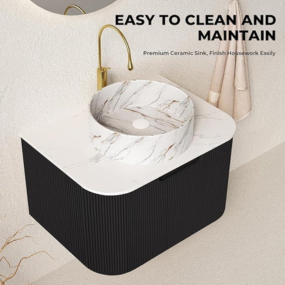 LKTART 24 Inch Floating Bathroom Vanity with Sink, Modern Wall Mounted Bathroom Storage Cabinet with Drawer, Stone Pattern Round White Ceramic Sink Top and Marble Texture Top, Black