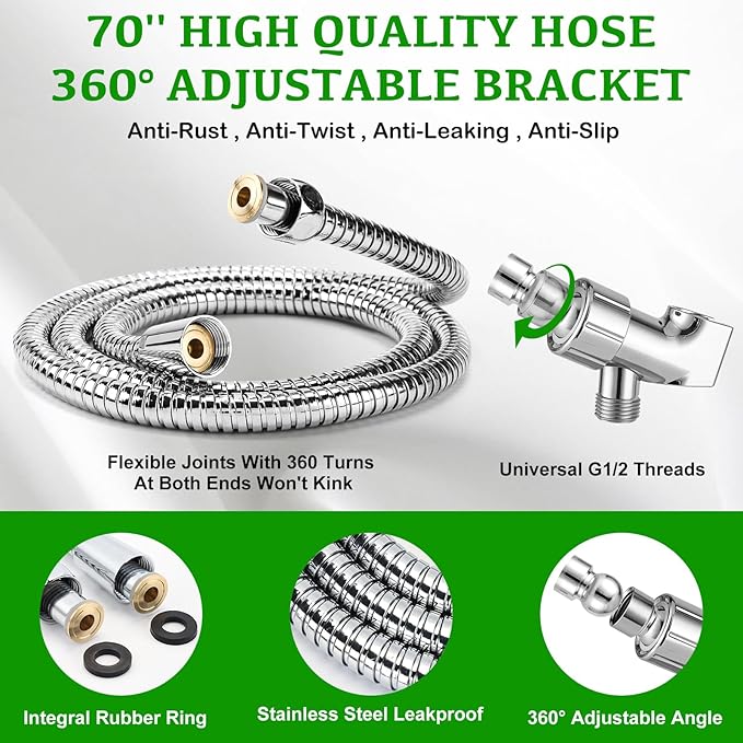 OHDAY® High Pressure Shower Head with Handheld Built-in Power Wash 6-Mode | Powerful Showerhead with 70'' Stainless Steel Hose,Adjustable Bracket,Power Wash for Tub,Tile,Pet & Bathroom Corner