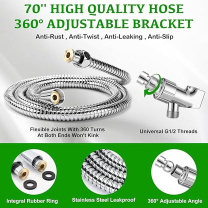 OHDAY® High Pressure Shower Head with Handheld Built-in Power Wash 6-Mode | Powerful Showerhead with 70'' Stainless Steel Hose,Adjustable Bracket,Power Wash for Tub,Tile,Pet & Bathroom Corner